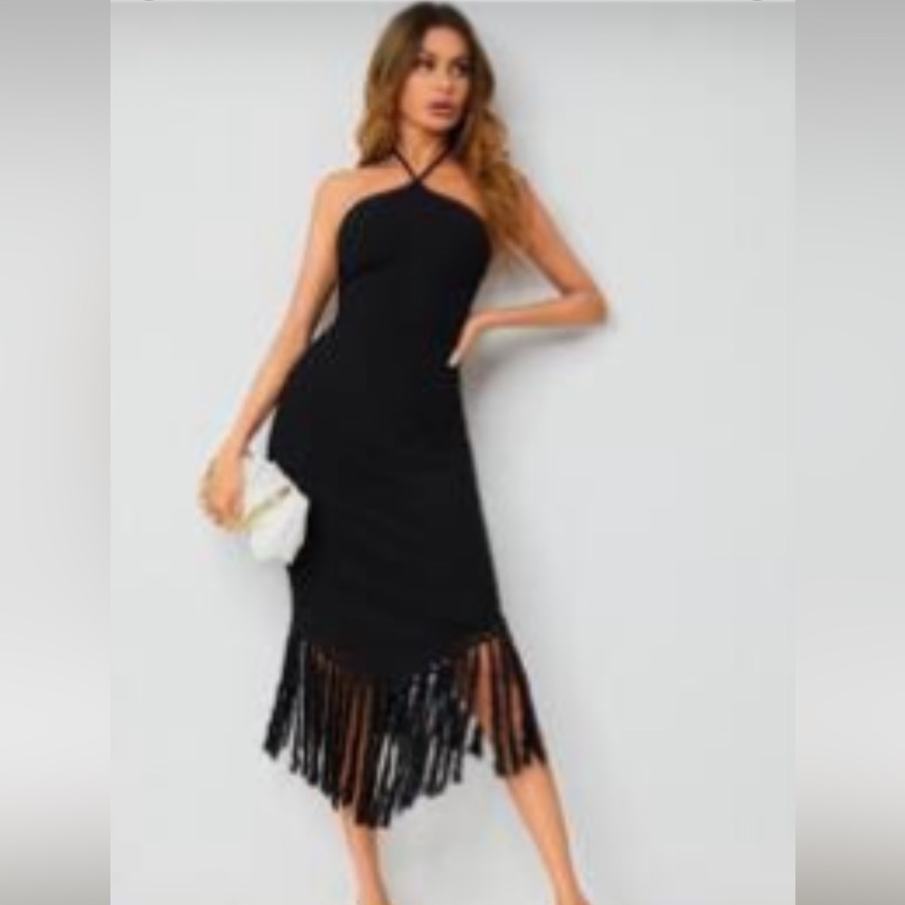 SHEIN Black Backless Fringe Dress